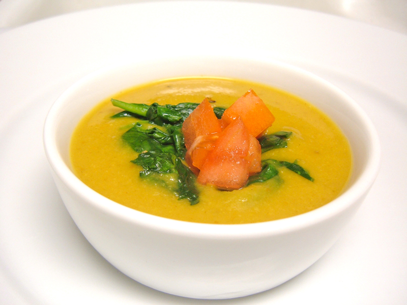 Yellow Dal Puree with Wilted Spinach and Fresh Tomato Yellow Dal Puree with Wilted Spinach and Chopped Tomato