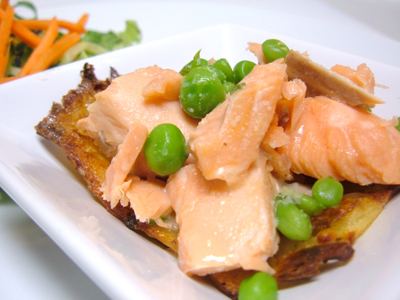 Salmon, Sugar Snap Peas, and a Light Miso Sauce on a Potato Nest Salmon, Sugar Snap Peas, and a Light Miso Sauce on a Potato Nest