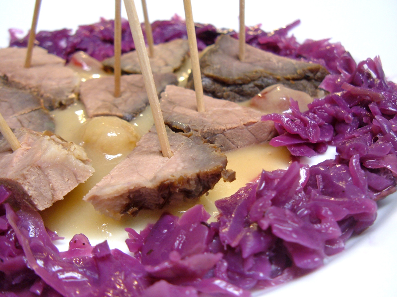 Sauerbraten on a Stick, Closeup Sauerbraten on a Stick, Closeup